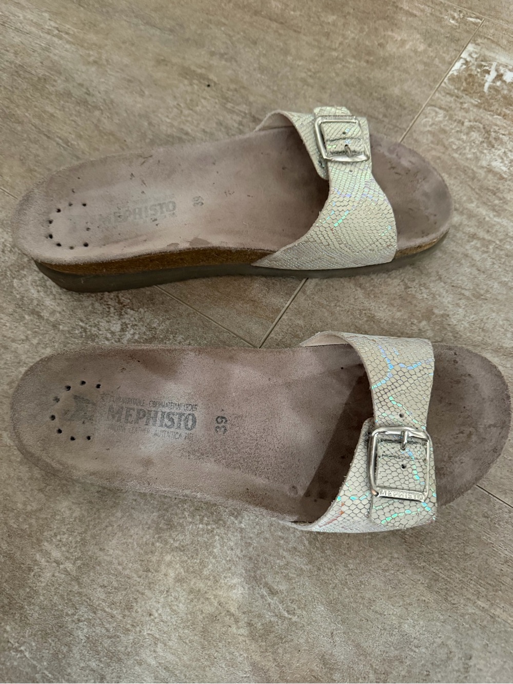 Mephisto Women's Iridescent Beige Slide Sandals with Buckle